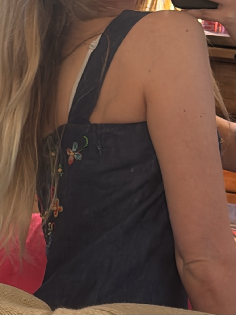 👑 Size 4 Designer Donna Morgan Navy Embroidered Denim Tank Dress - Picture 4 of 16